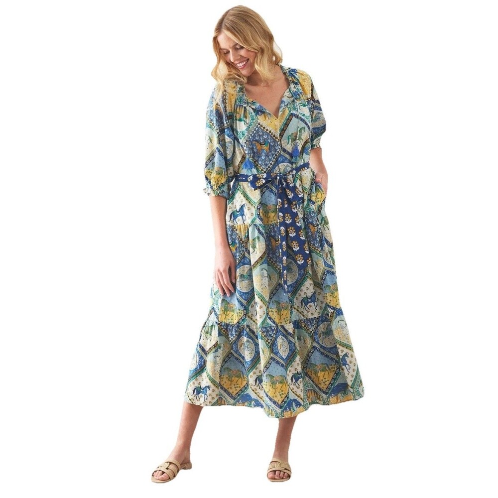 Printfresh High Horse Devon Dress Blue Multi Size L Rare Equestrian Cotton Dress